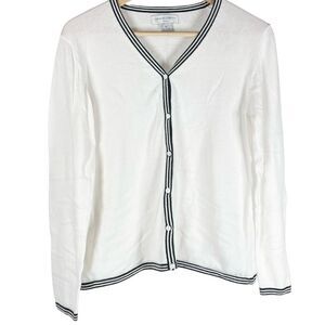 Sutton Studio White Black Cotton Tipped Button Up Cardigan Sweater Size Medium